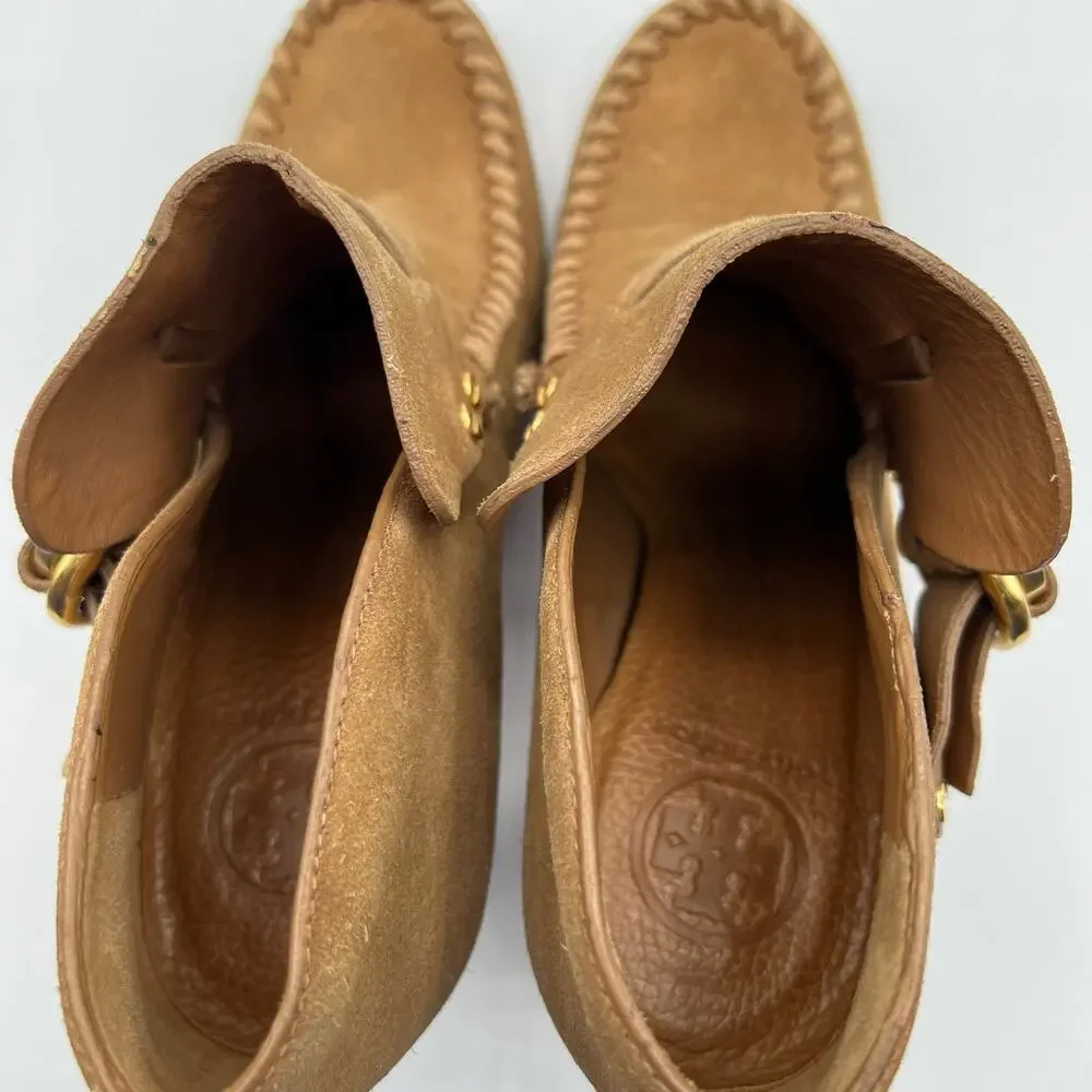 Tory Burch Womens Belen 9.5 Suede Stiletto Ankle Boots Booties Tan Camel Buckles